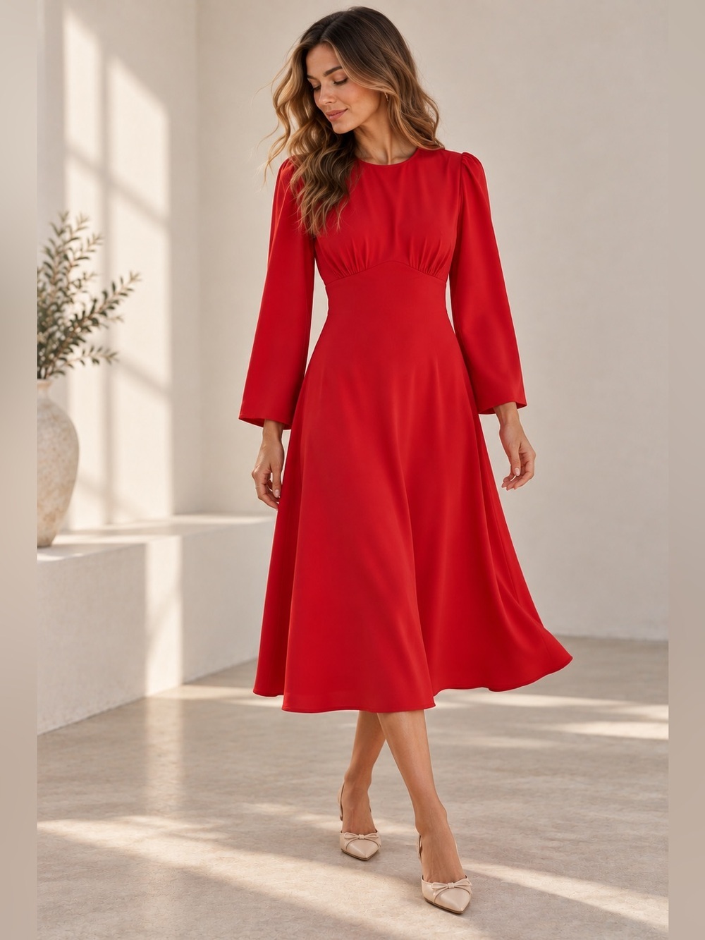 NWT Long Sleeves Modest A-line Red Midi Dress Size XXL